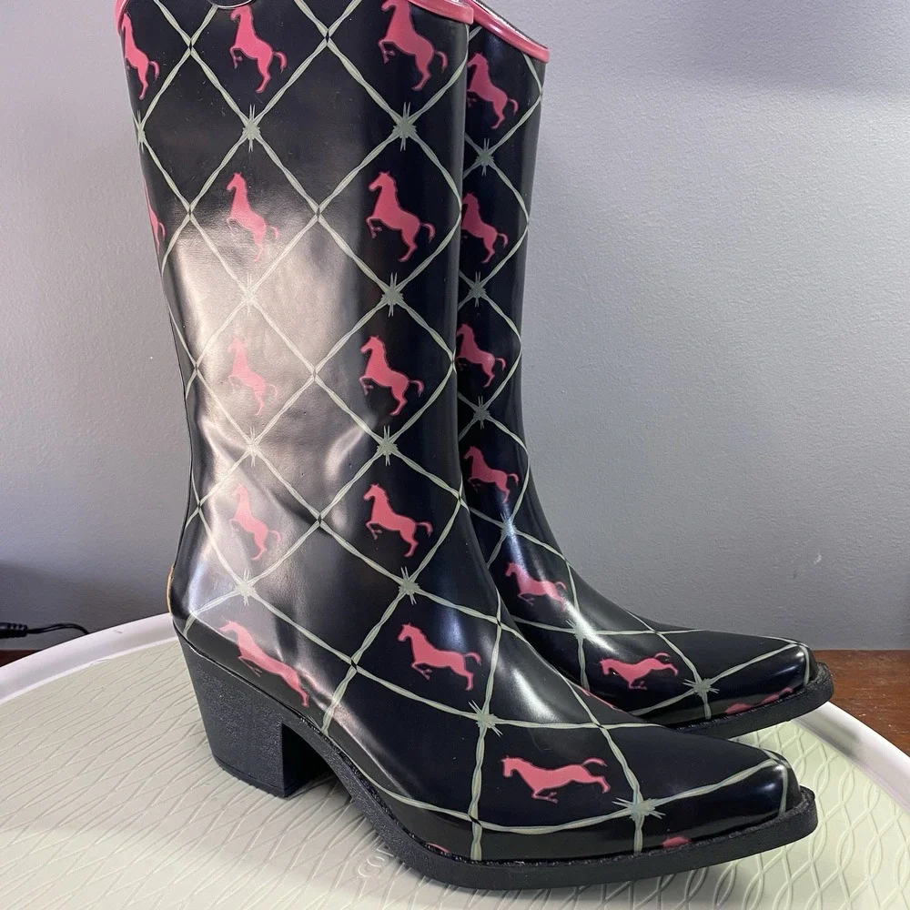 Bit & Bridle Black Rain Boots with Pink Horse Pattern